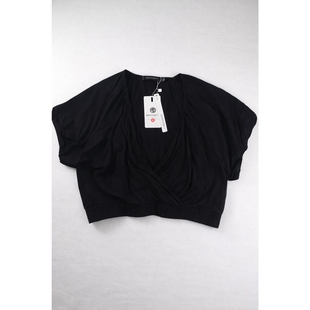 MEROKEETY Women XL Black Wrap Crop Top Ruched Short Sleeve NWT